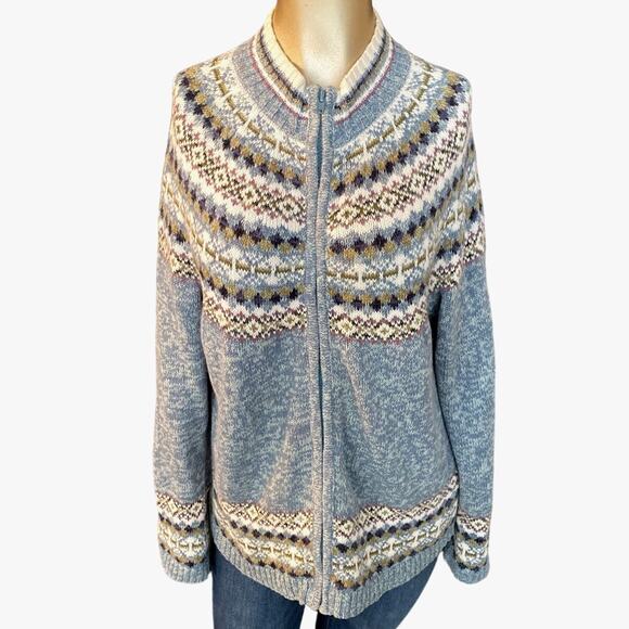 TIARA Full Zip Women Vintage Small Cardigan Sweater Blue Nordic Mock Neck - Picture 1 of 6
